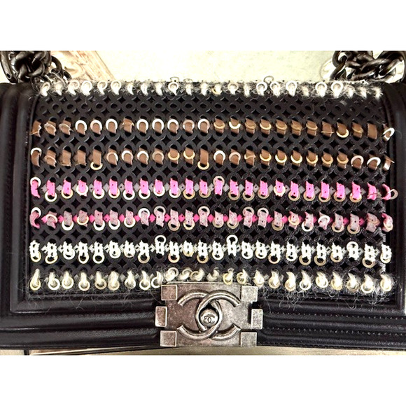 Chanel TWEED WOVEN Medium Boy Flap Bag Embellished Black Lambskin Box & Dustbag - Picture 2 of 16